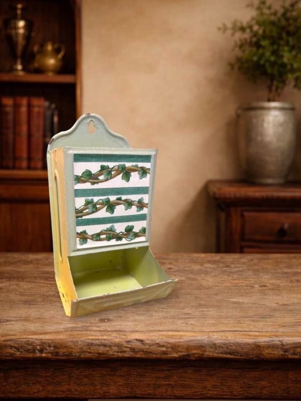Vintage Metal Wall-Mounted Match Safe Tin With Ivy Design - Retro Kitchen Decor